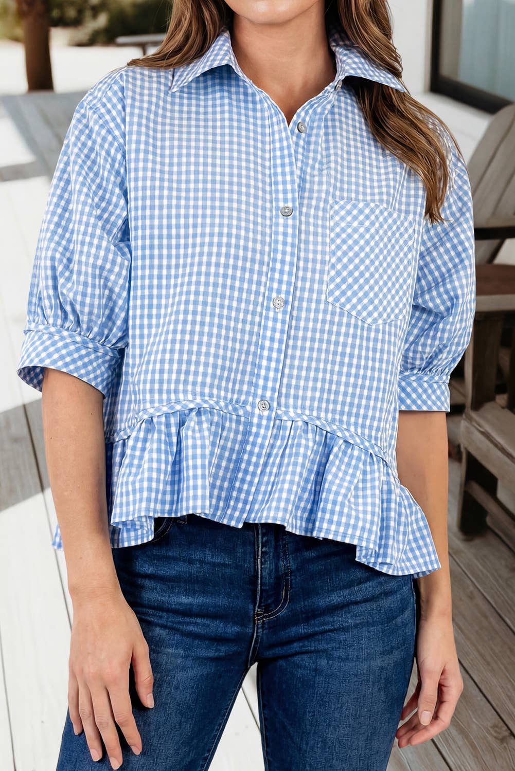 Plaid Half Sleeve Ruffle Hem Button Down Shirt (S-Xl)