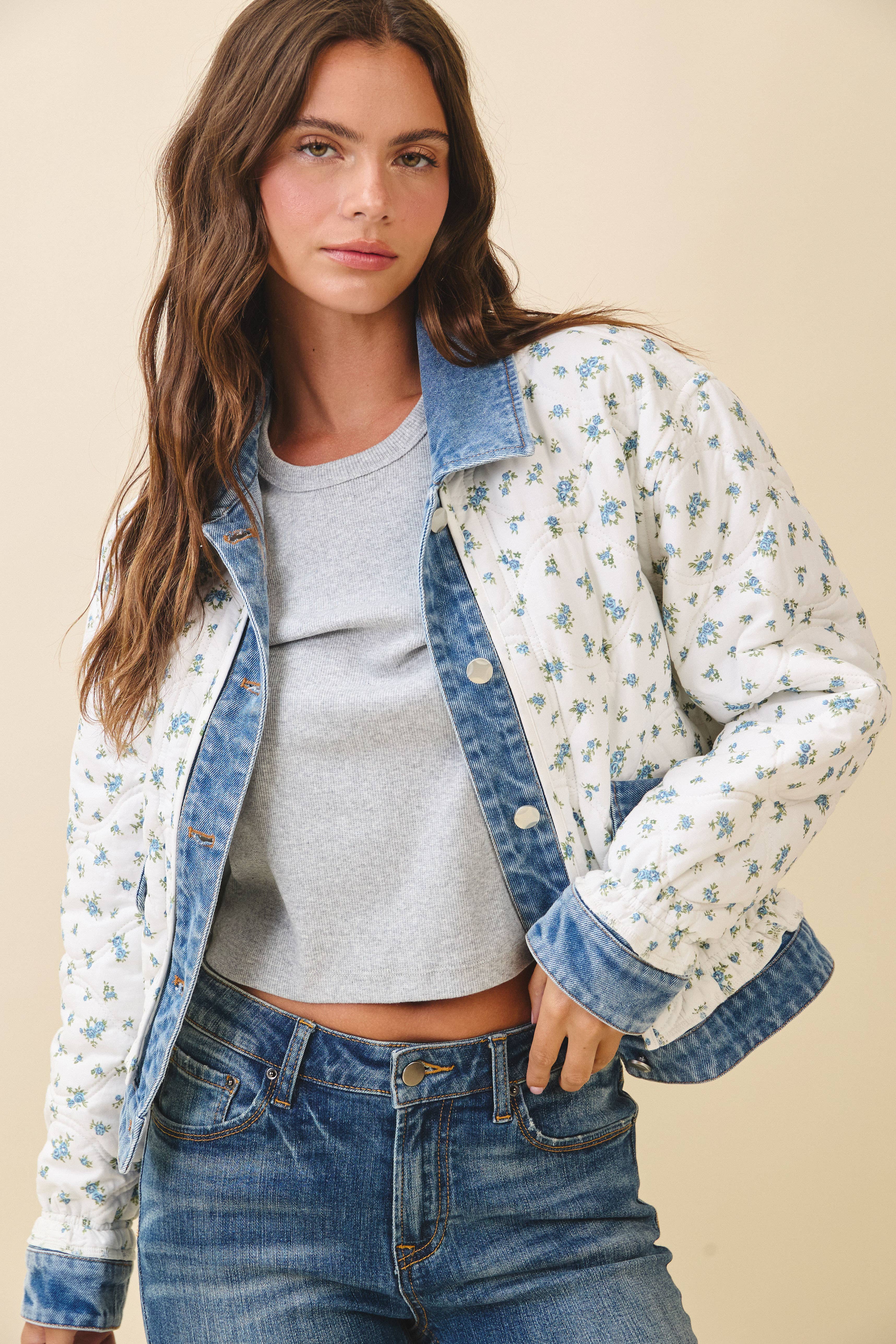 5166GK Floral Quilted Denim Trim Jacket