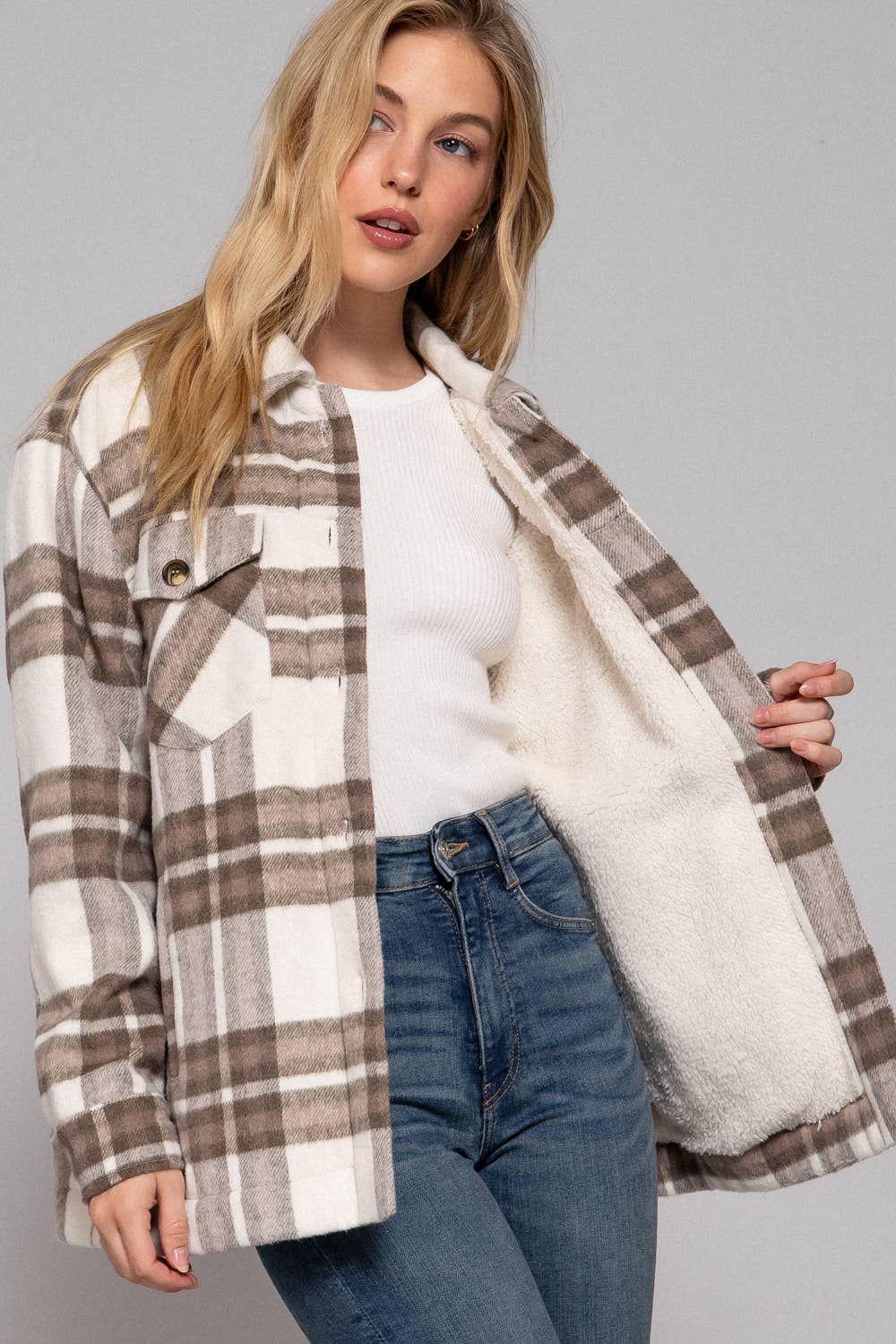 .._ 0820 Inner Faux Fur Brushed Plaid Jacket w/ Pocket SI-21465