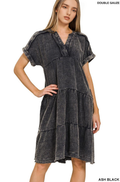 .1217 Washed Double Gauze Raw Edge V Neck Dress w/ Pockets SI-2745