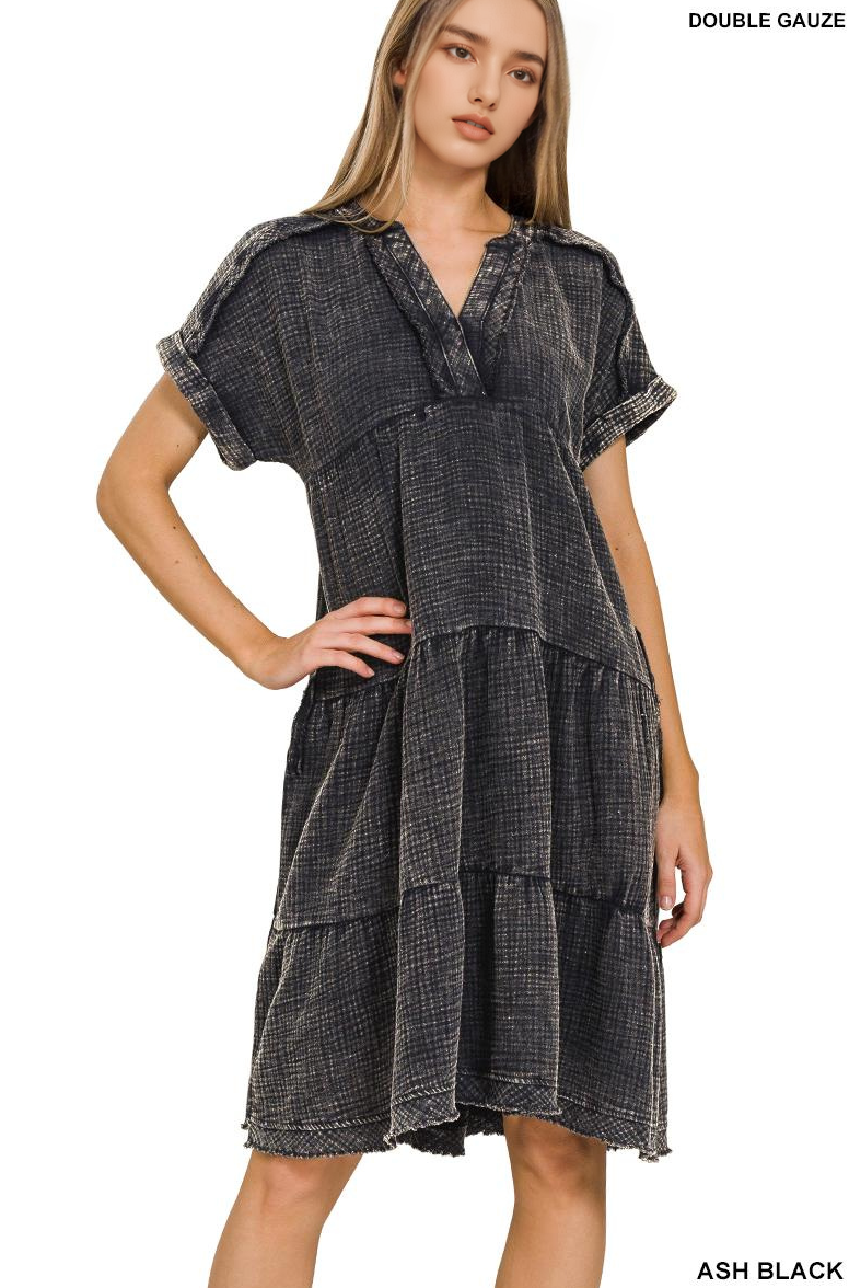 .1217 Washed Double Gauze Raw Edge V Neck Dress w/ Pockets SI-2745