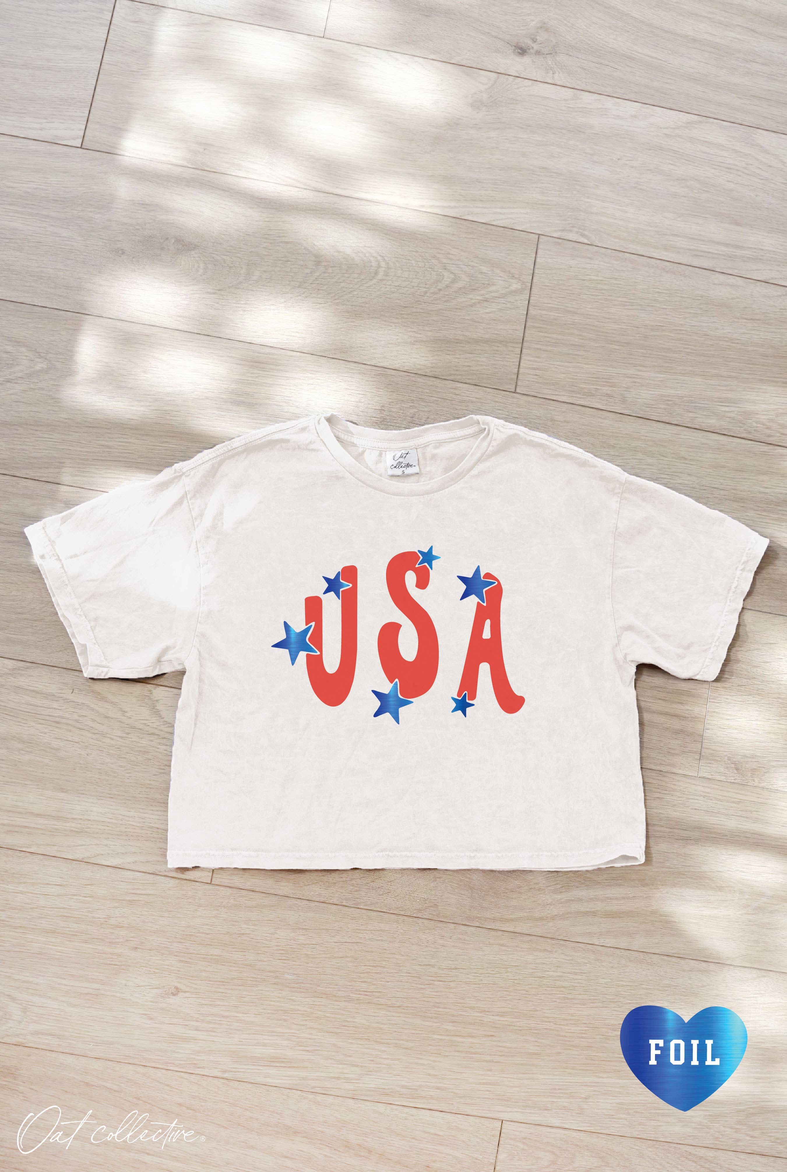 USA Foil Cropped Mineral Graphic Top