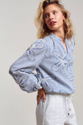 Blue Striped Floral Embroidered Smocked Hem Blouse