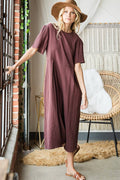 R5102 Cropped Wide Leg Pleated Solid Jumpsuit