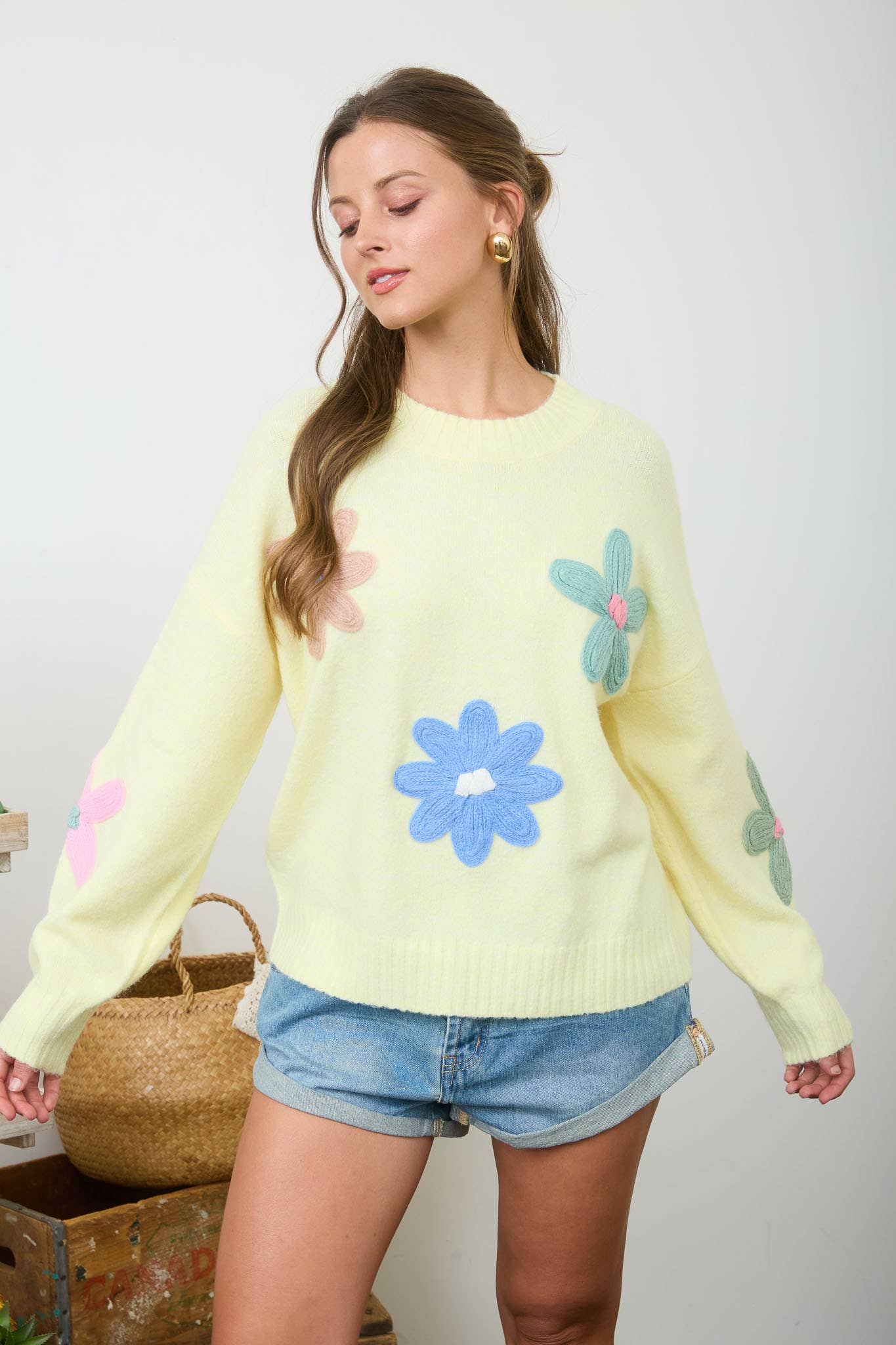 Multi-Color Crochet Floral Detail Knit Pullover