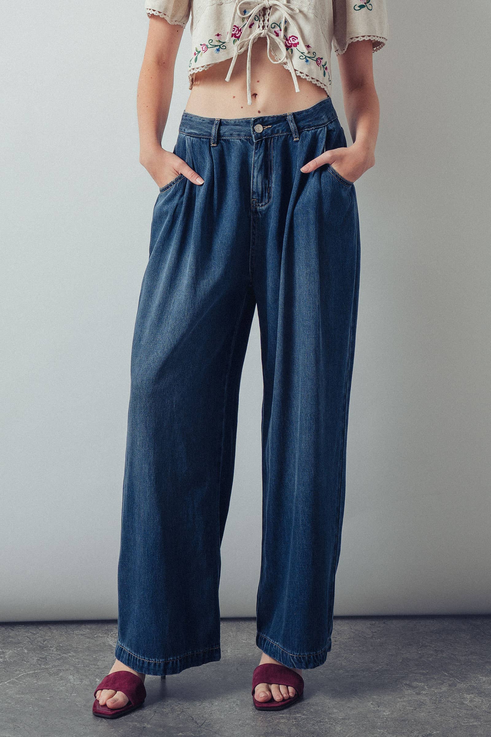 Pleated Wide-Leg Denim Pants