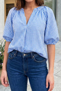 Summer 2026 Plaid Cornflower V Neck Blouse Top (S-Xl)