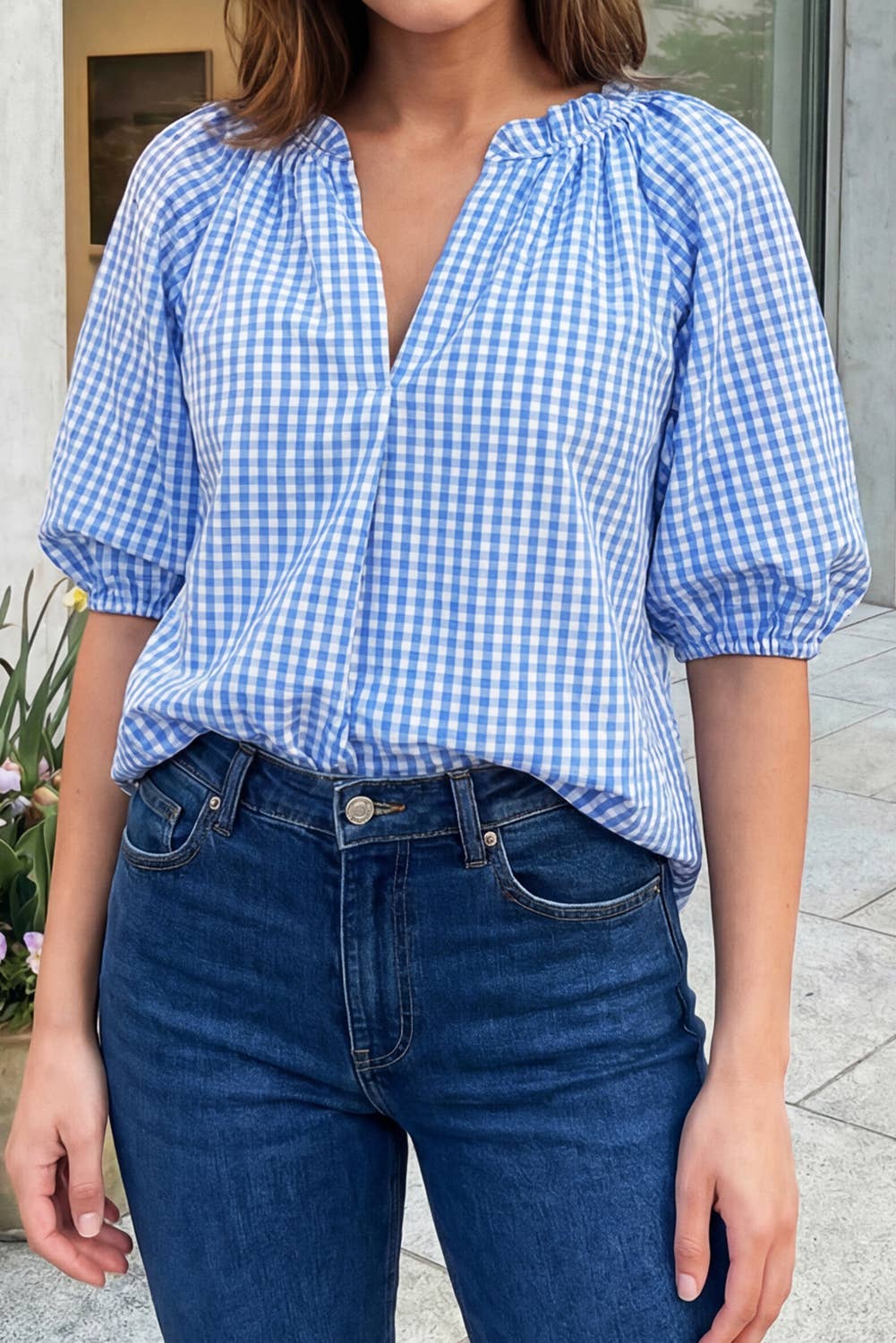 Summer 2026 Plaid Cornflower V Neck Blouse Top (S-Xl)