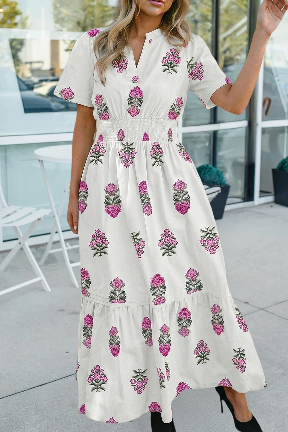 Floral Print Split Neck Shirred Ruffle Hem Maxi Dress (S-Xl)