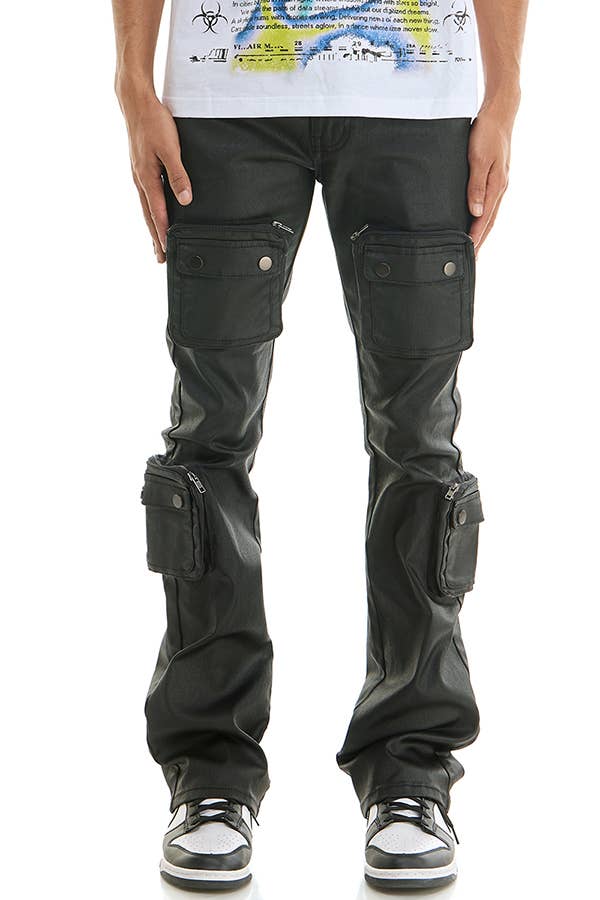 Waxed 3D Cargo Pocket Flare Jeans