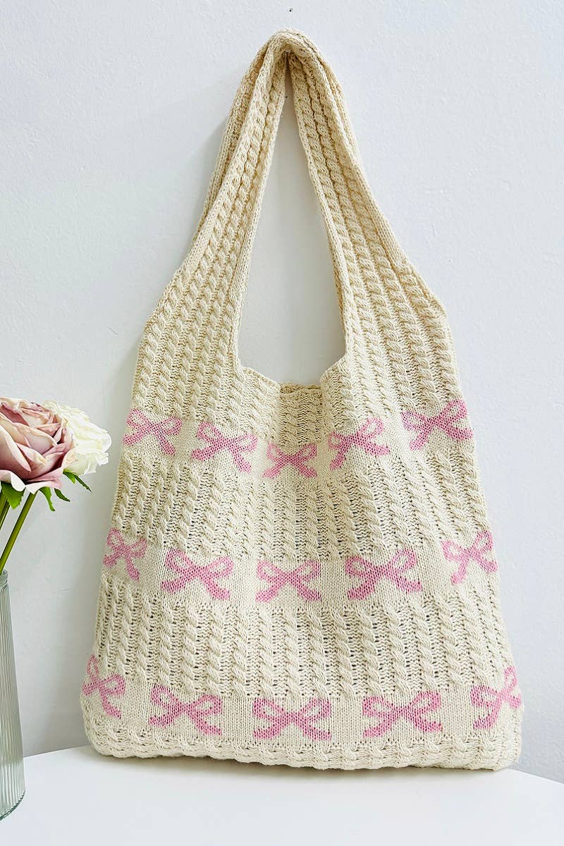 ._ SI-26483 Ribbon Pattern Knitted Crochet Tote Bag