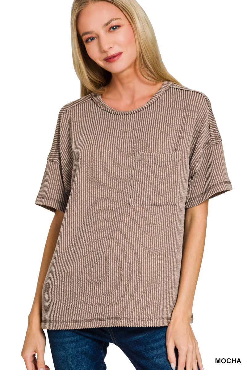 1016 Raised Rib Exposed Seam Short Sleeve Top SI-28930