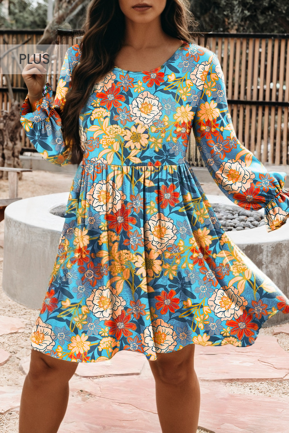 Plus Size Floral Ruffled Long Sleeve Flowy Mini Dress