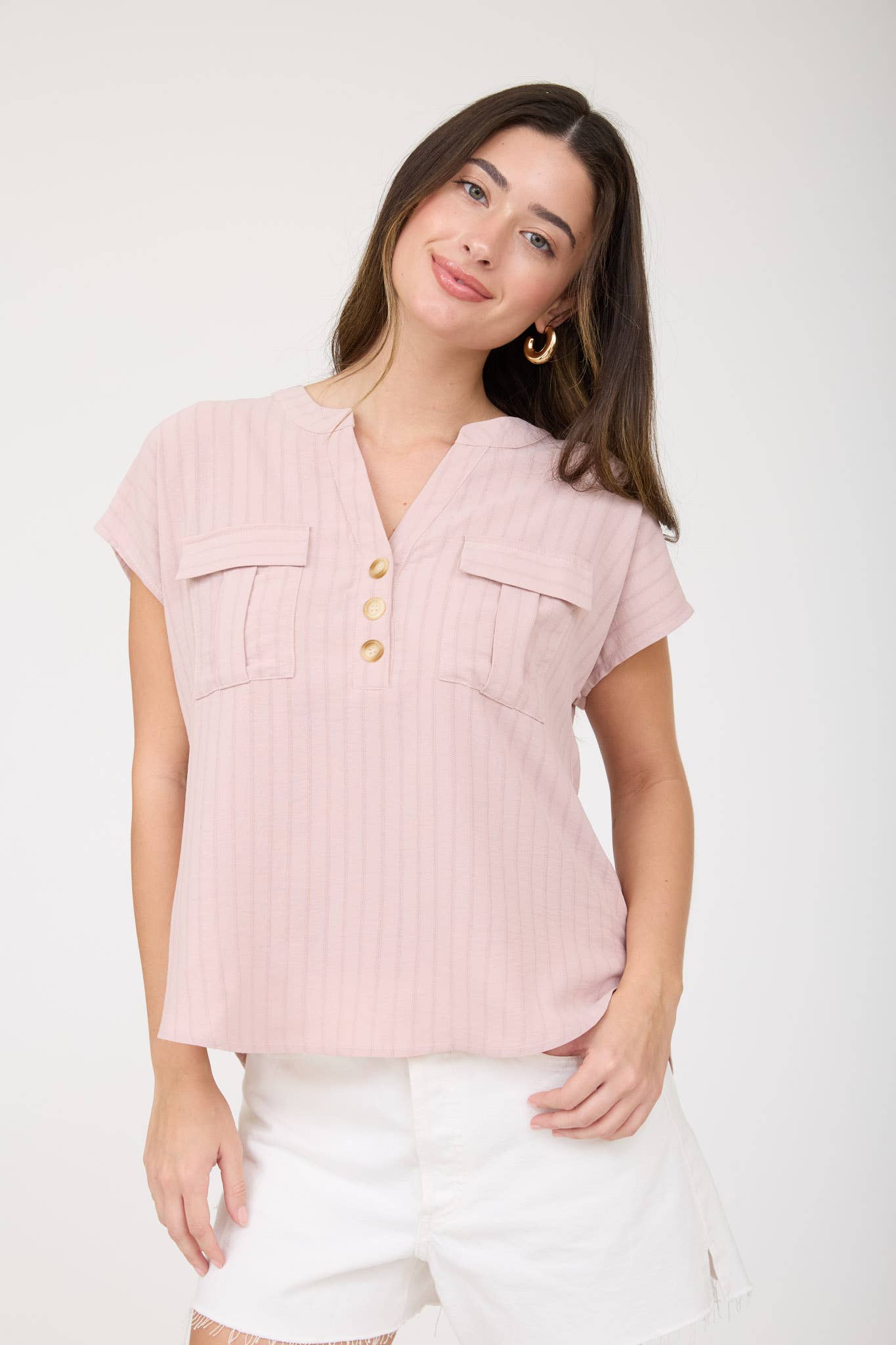 Plus Stripe Pocket Detail Half Button Down Top