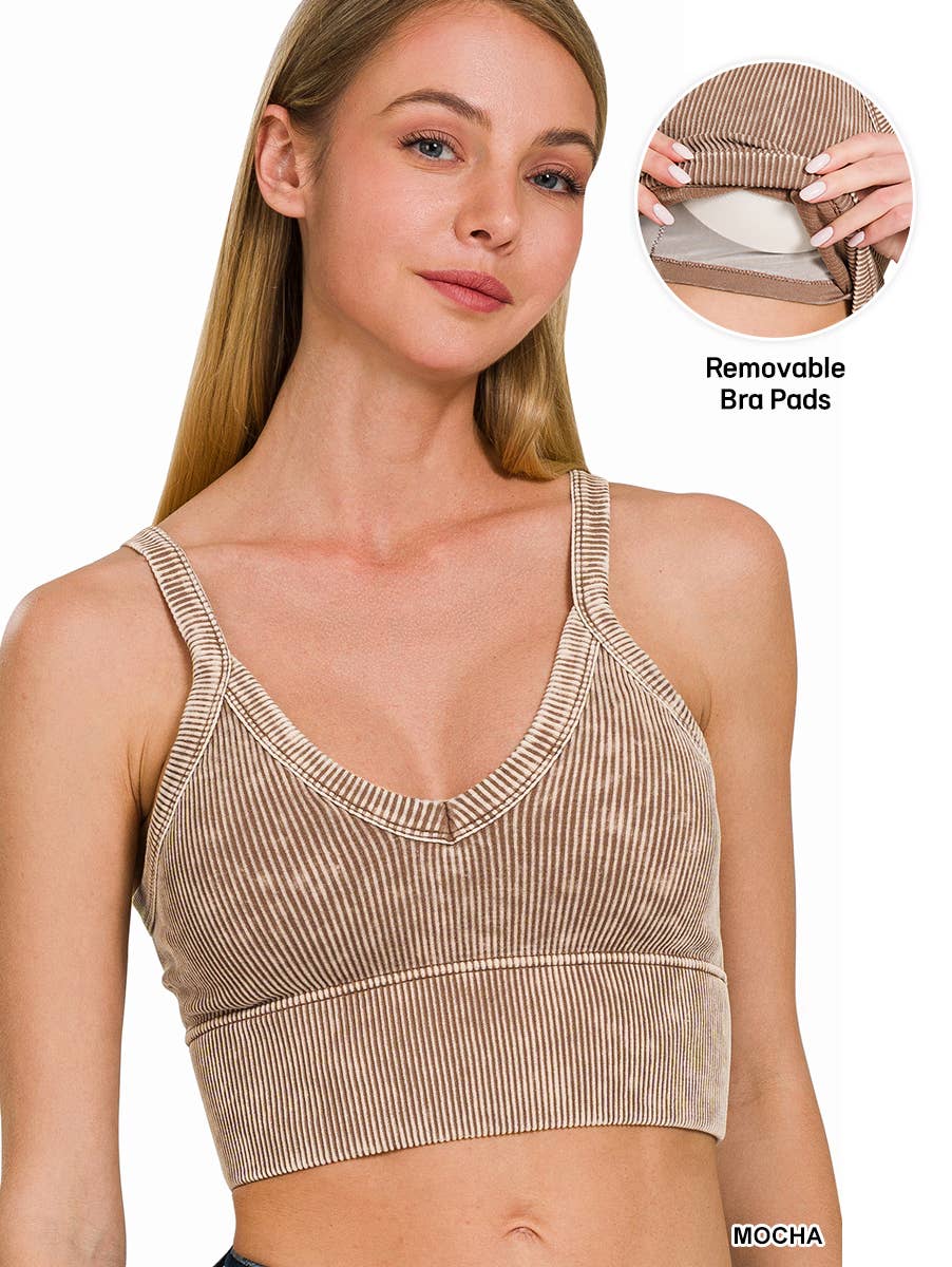 0811 Stone Washed V Neck Seamless Cropped Bra Top SI-26355
