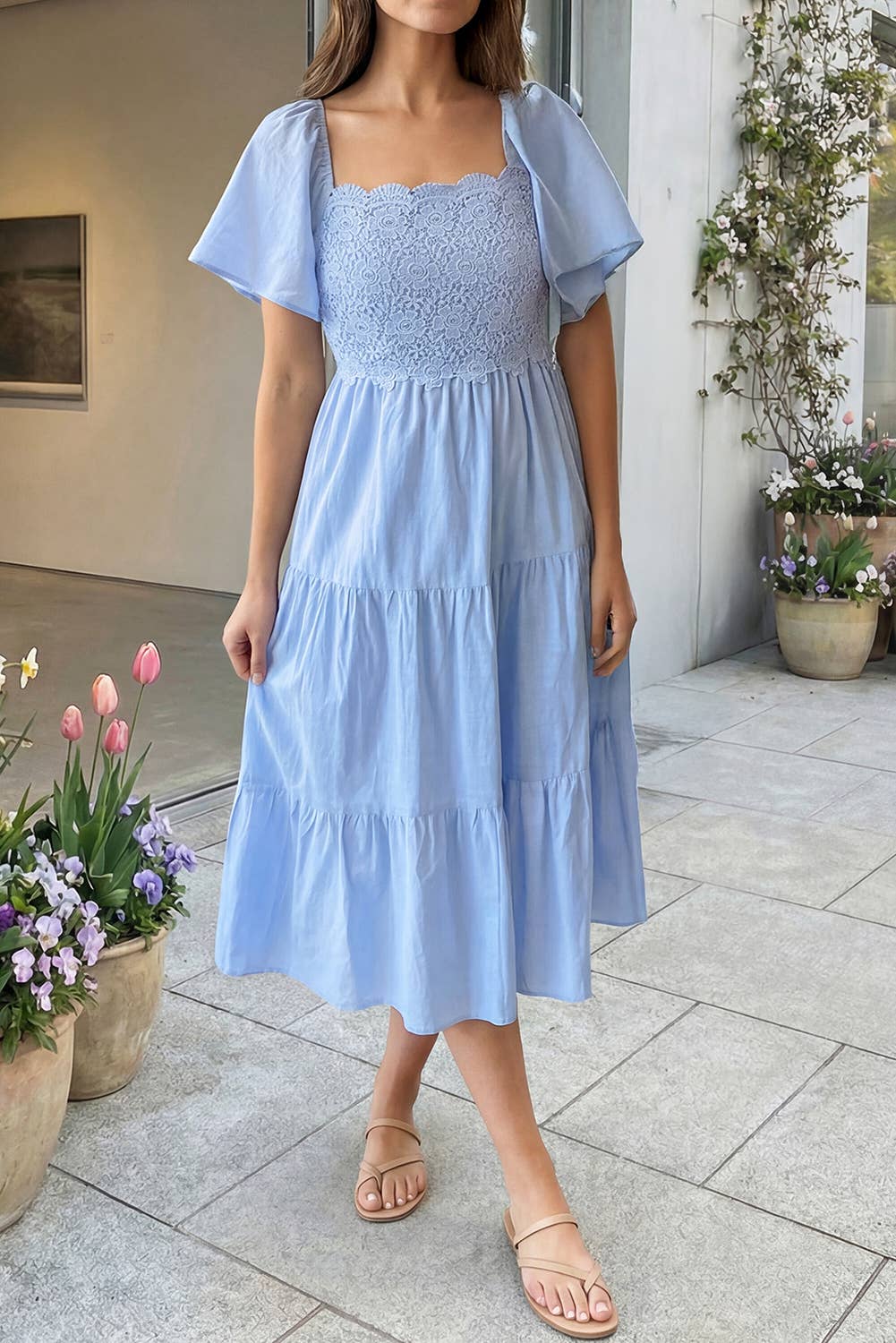 Flowy Short Sleeve Lace Square Neck Tiered Midi Dress (S-Xl)