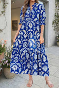 Floral Print Frilled Collar Half Sleeve Long Dress (S-Xl)