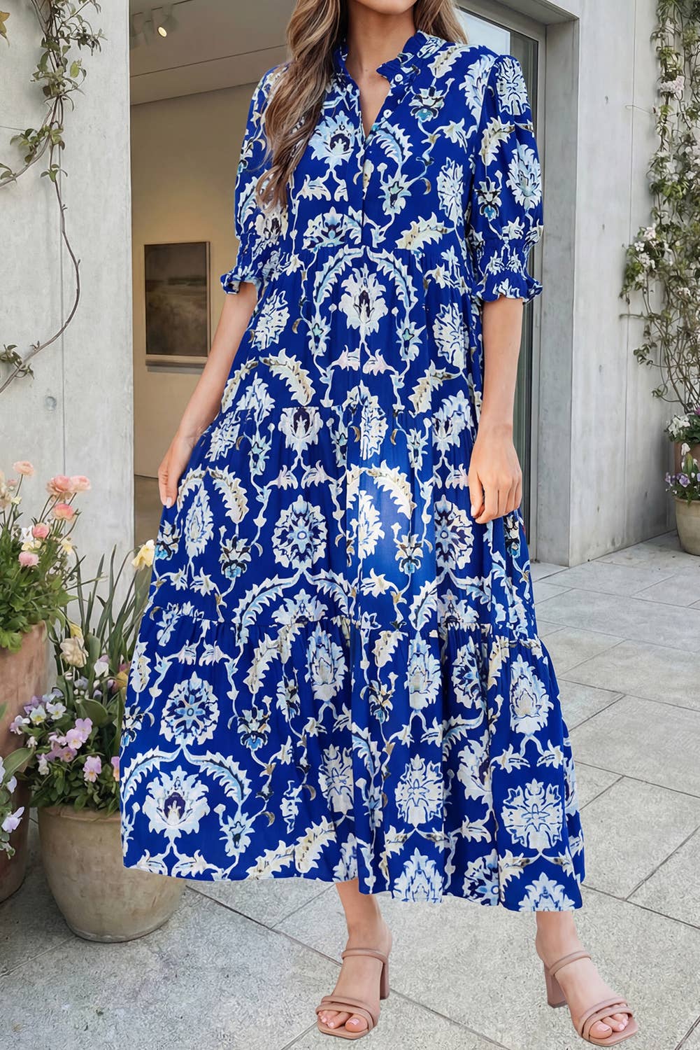 Floral Print Frilled Collar Half Sleeve Long Dress (S-Xl)