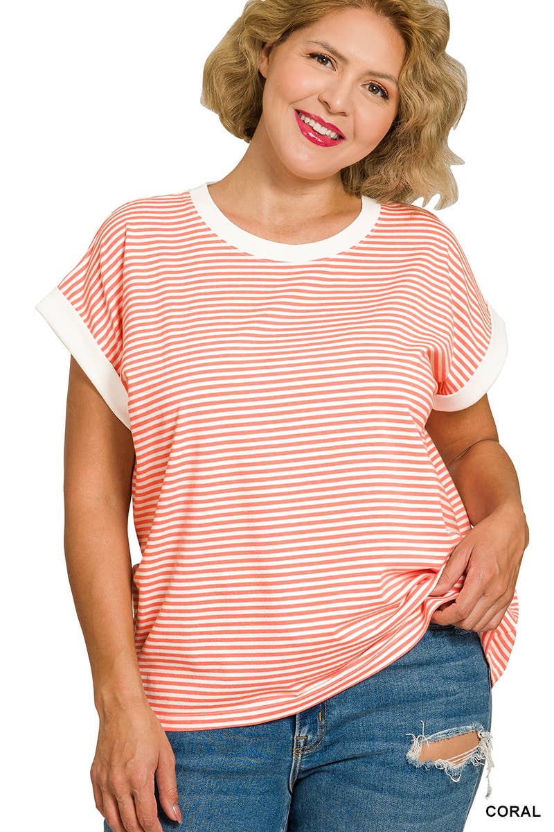 ....0225 Plus Stripe Contrast Trim Top SI-29290