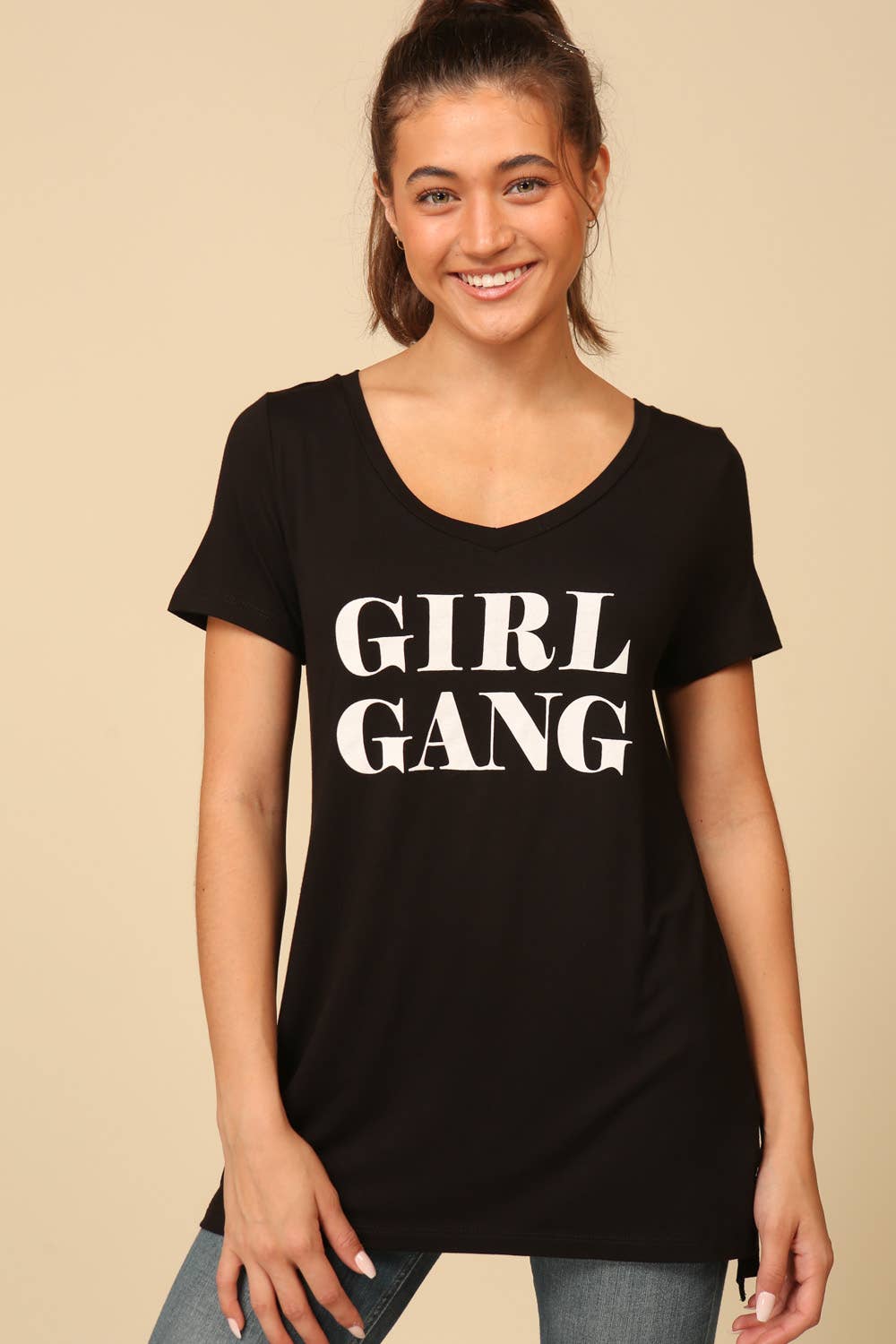 0625 V-Neck Short Sleeve "Girl Gang" Graphic Tee SI-19494