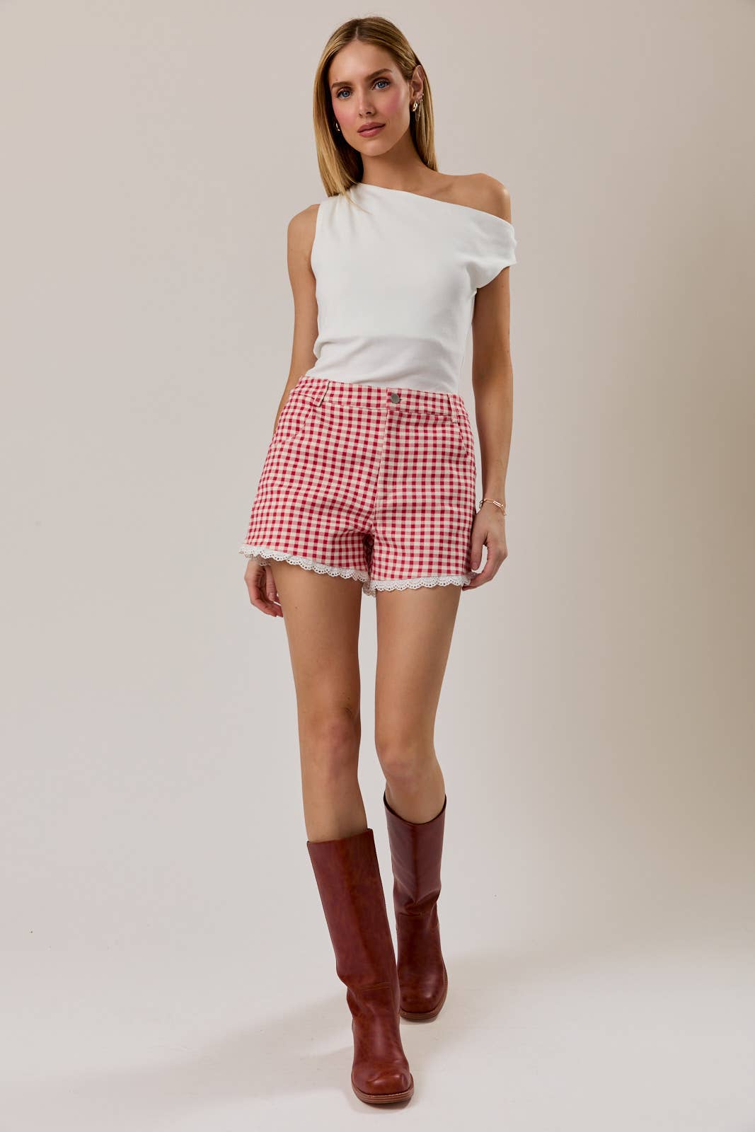 Low Rise Gingham and Lace Denim Shorts