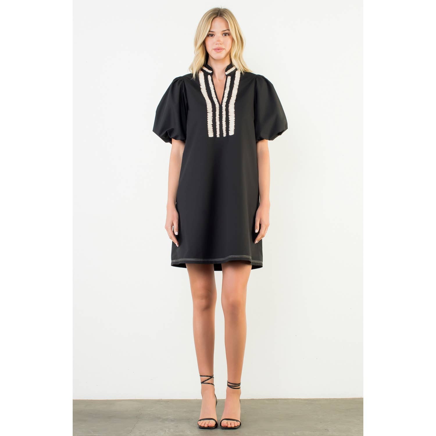 Puff Sleeve Embroidered Textured Dress