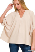 ._ SI-25944 Woven Airflow V-Neck Puff Half Sleeve Top