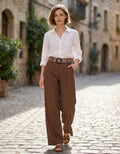 .0305 Belted Straight Woven Long Pants w/ Pockets SI-29587