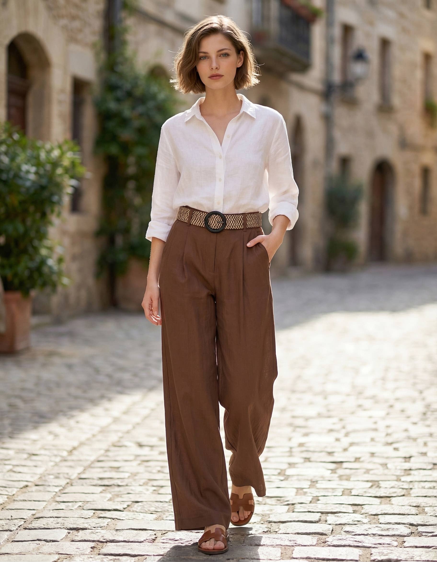 .0305 Belted Straight Woven Long Pants w/ Pockets SI-29587