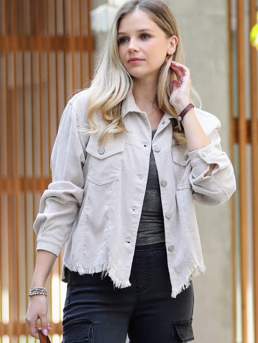 ..0806 Distressed Corduroy Frayed Hem Cropped Jacket SI-28125