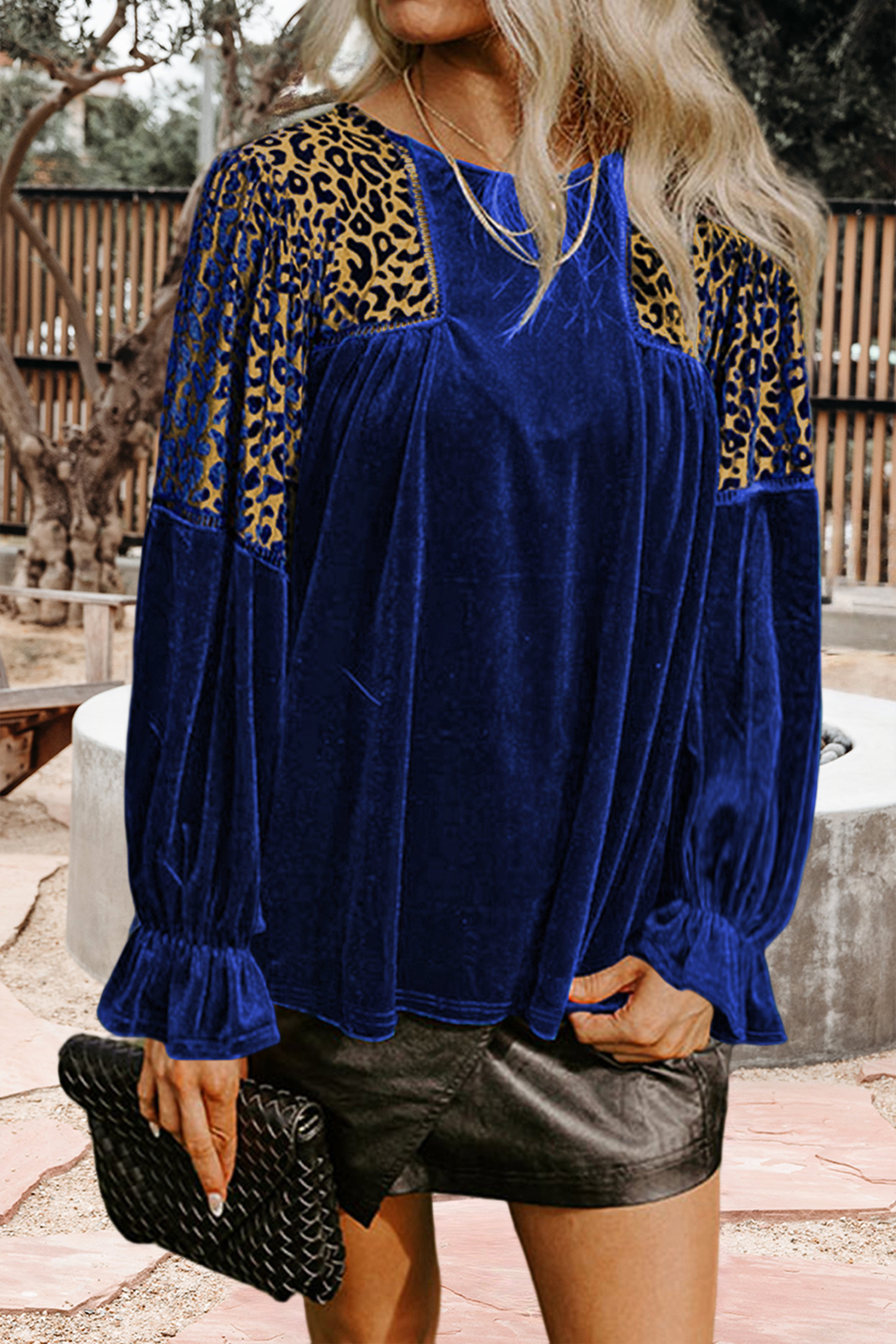 Leopard Patchwork Flounce Sleeve Velvet Blouse (S-Xl)