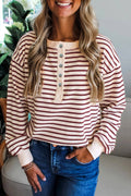 Striped Print Drop Shoulder Long Sleeve Henley Top (S-Xl)