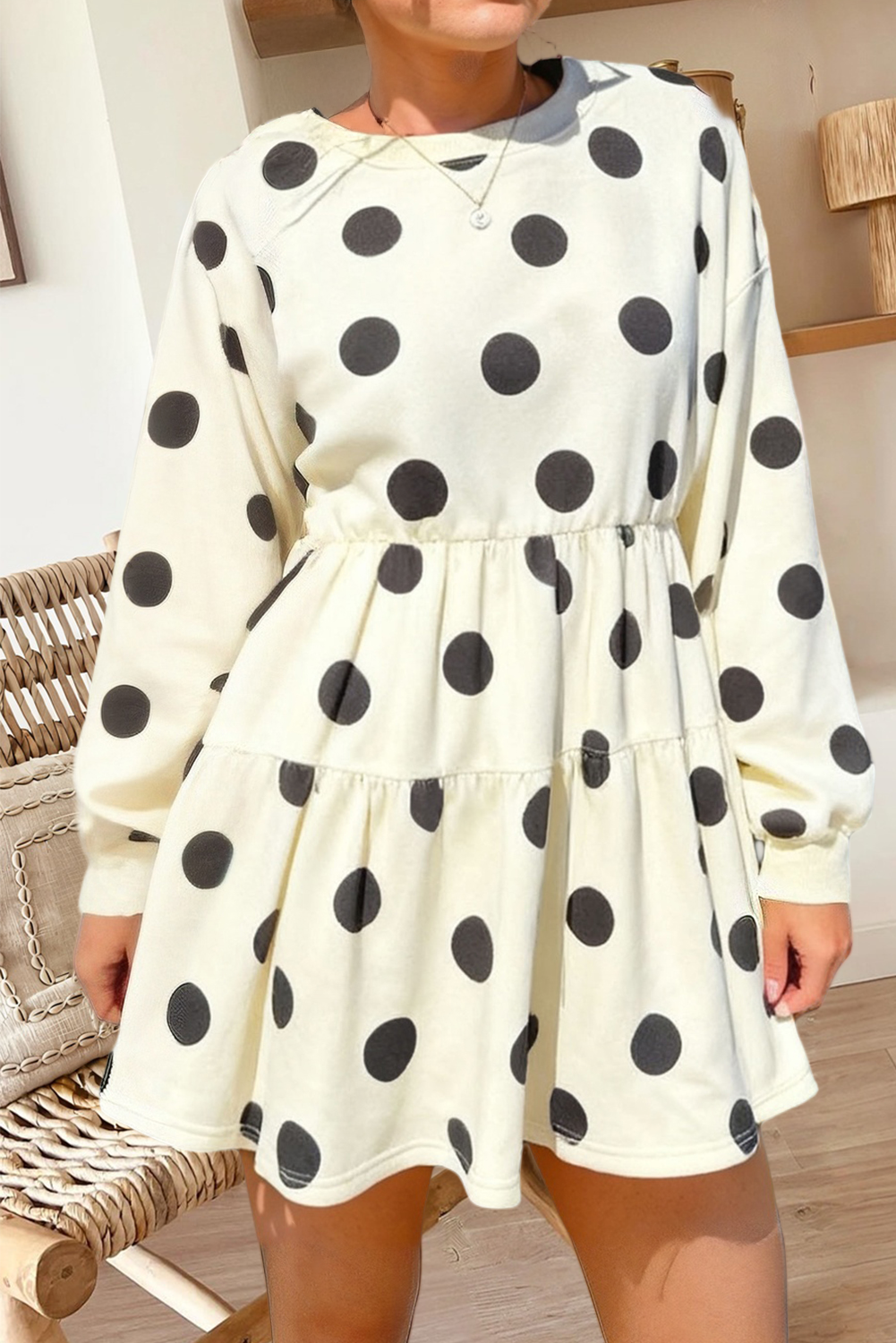 Polka Dots Print Long Sleeve High Waist Mini Dress (S-Xl)