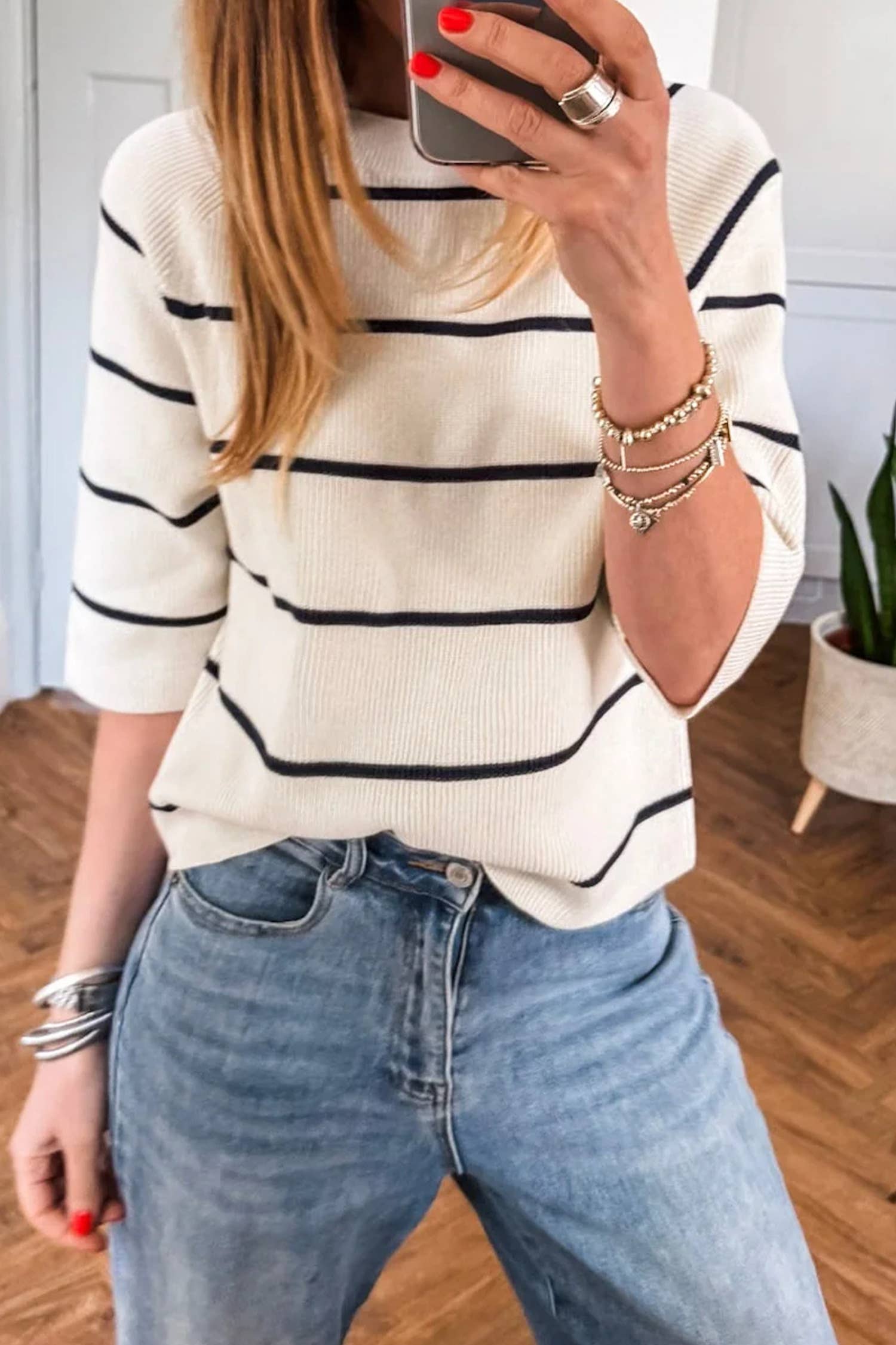 Stripe Ribbed Knit Half Sleeve Loose Sweater Tee (S-Xl)