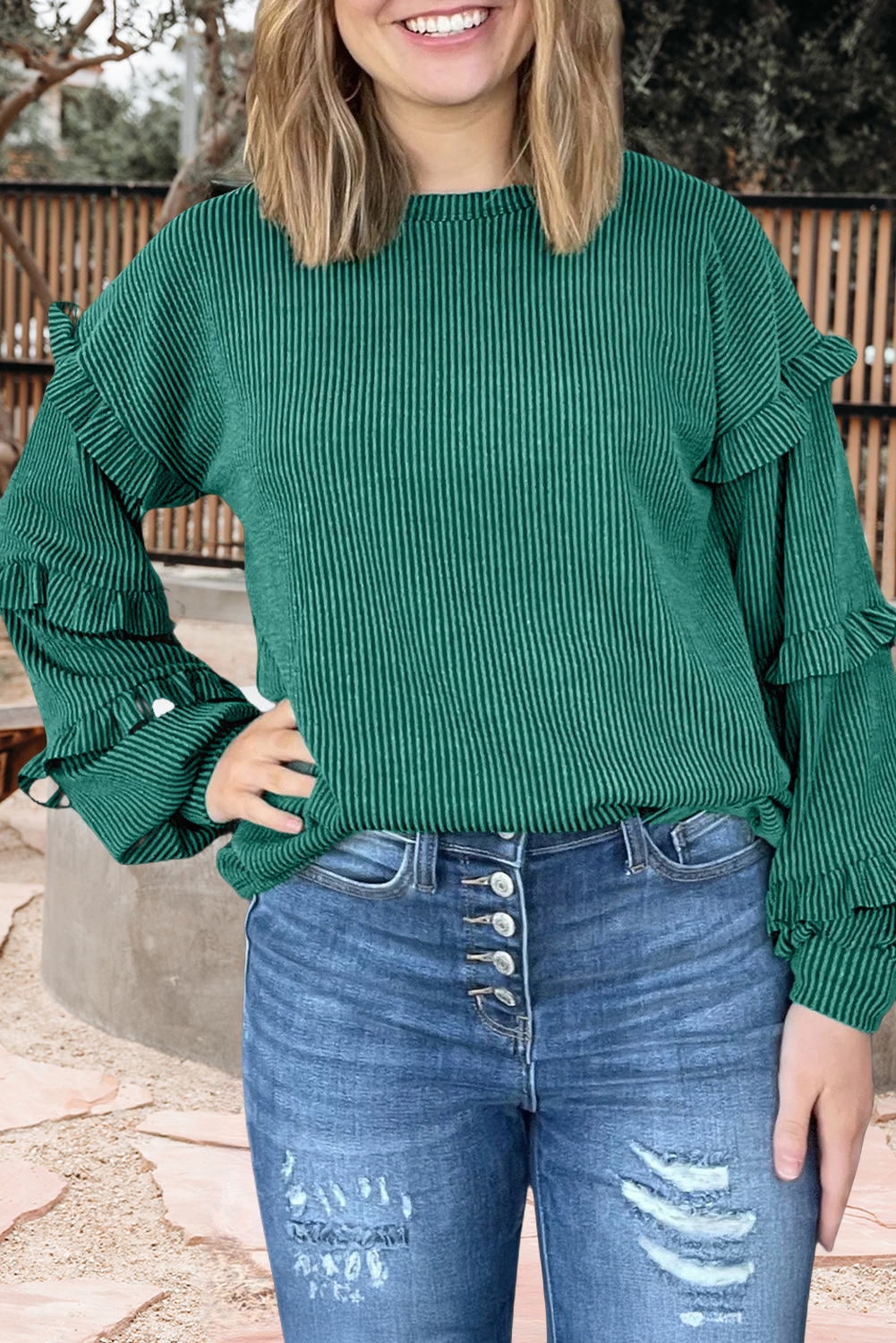 Twisted Ribbed Tiered Ruffles Pullover Top (S-Xl)