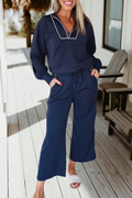 Contrast Piping Zipped Pullover Cropped Pants Set (S-Xl)