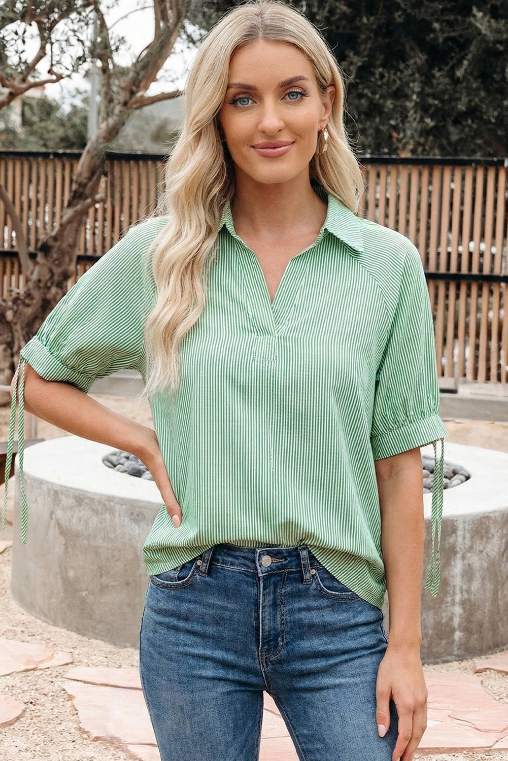 Striped Print Collared Split Neck Half Sleeve Blouse (S-4X)