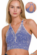,, SI-25407 Washed Seamless Rib Snap Button Crop Tank w/ Cut-Ou