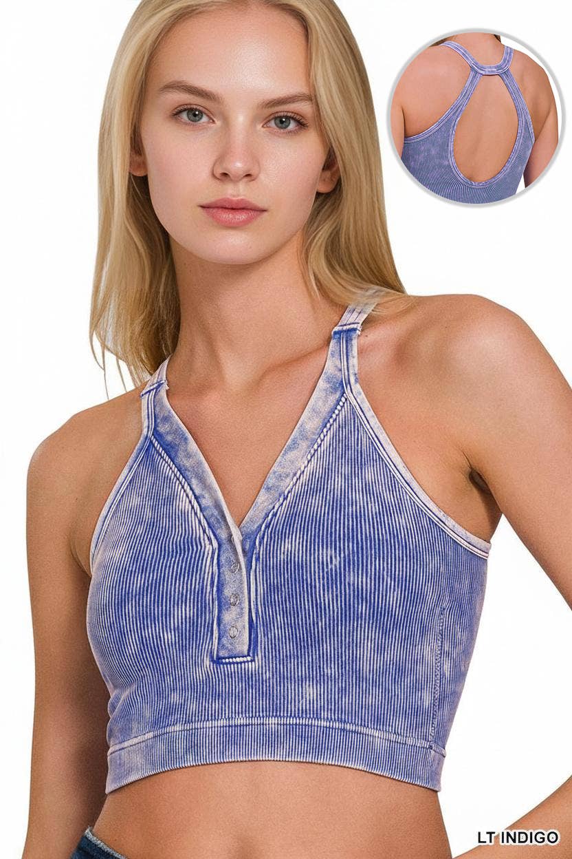 ,, SI-25407 Washed Seamless Rib Snap Button Crop Tank w/ Cut-Ou