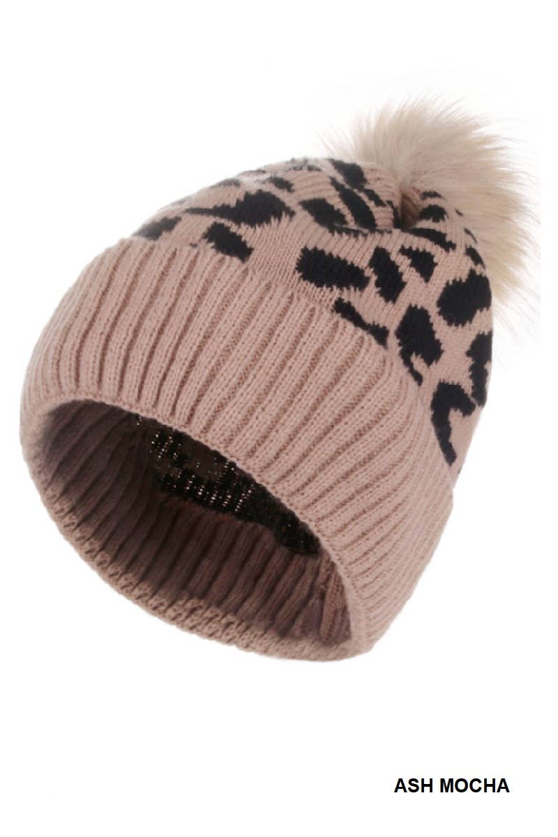 ....1112 Leopard Pattern Knit Pom Pom Beanie SI-28810