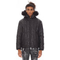 Leather Puffer Jacket with Fur Hood in Black