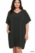 ..0225 Plus Woven Airflow V Neck T Shirt Dress with Pockets SI-2730