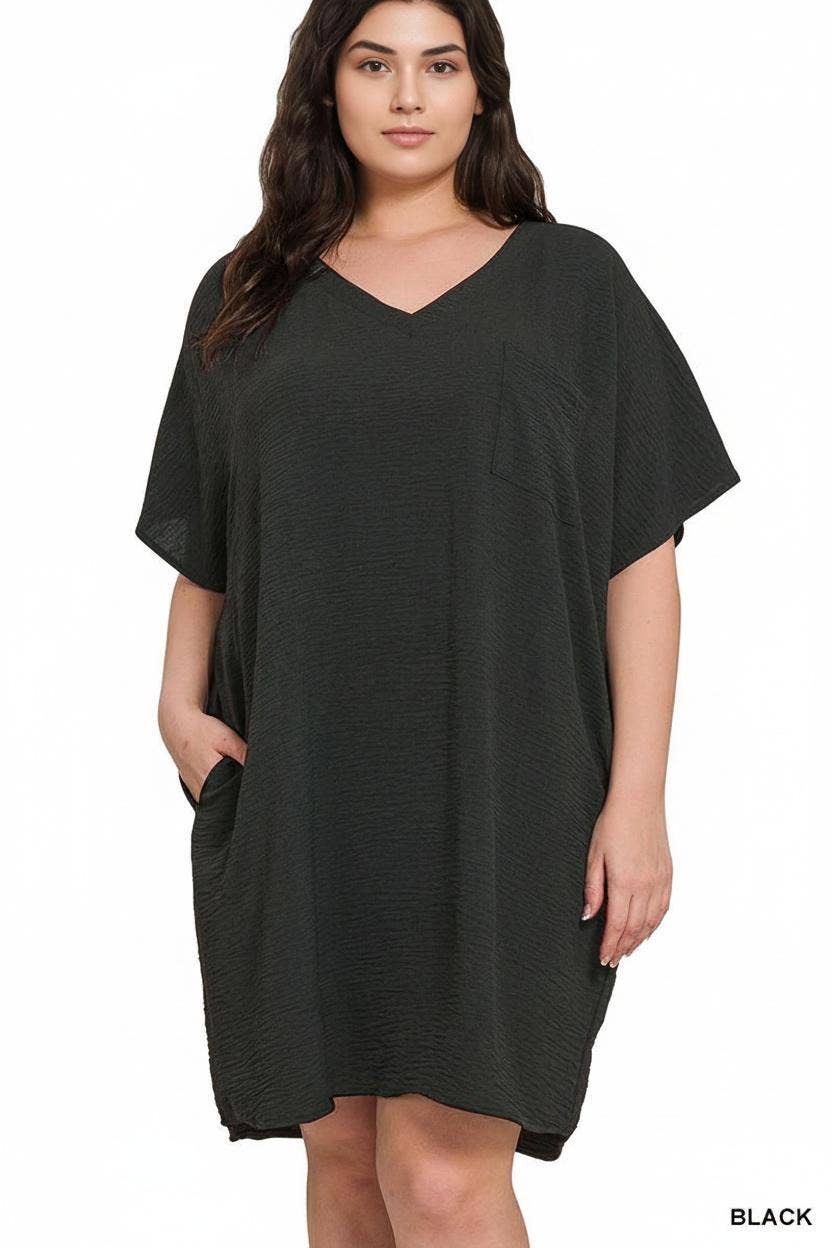 ..0225 Plus Woven Airflow V Neck T Shirt Dress with Pockets SI-2730