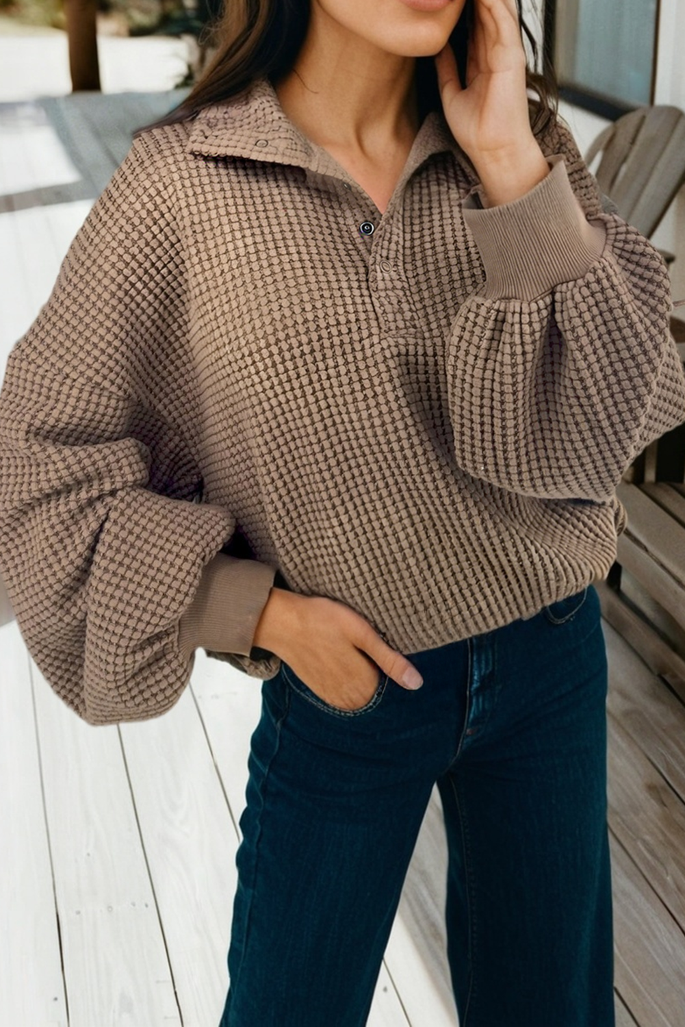 Solid Color Textured Snap Button Collared Baggy Top (S-Xl)