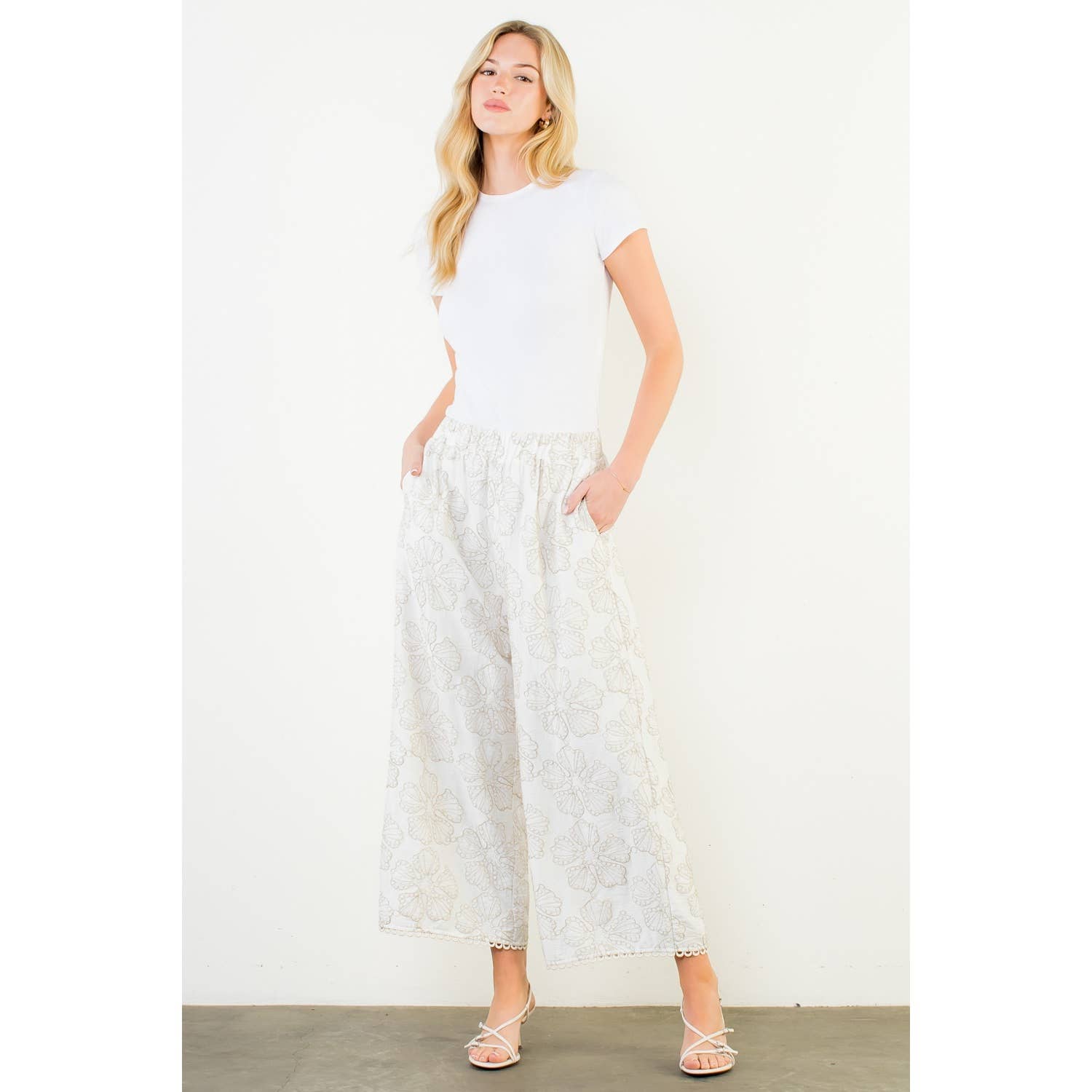 Embroidered Elastic Waist Wide Leg Pants