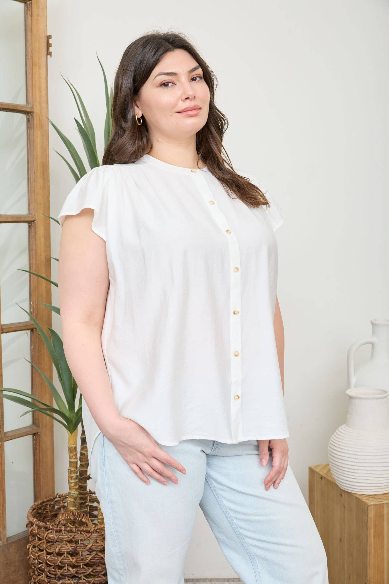 Plus Ruched Shoulder Ruffle Sleeve Button Down Top