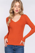 0916 Fitted V Neck Viscose Rib Sweater Top SI-16982