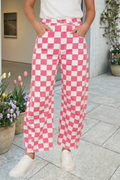 Checkered Print Denim Barrel Pants