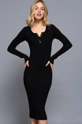 .SI-27099 Slim Fit Henley Neck Midi Sweater Dress