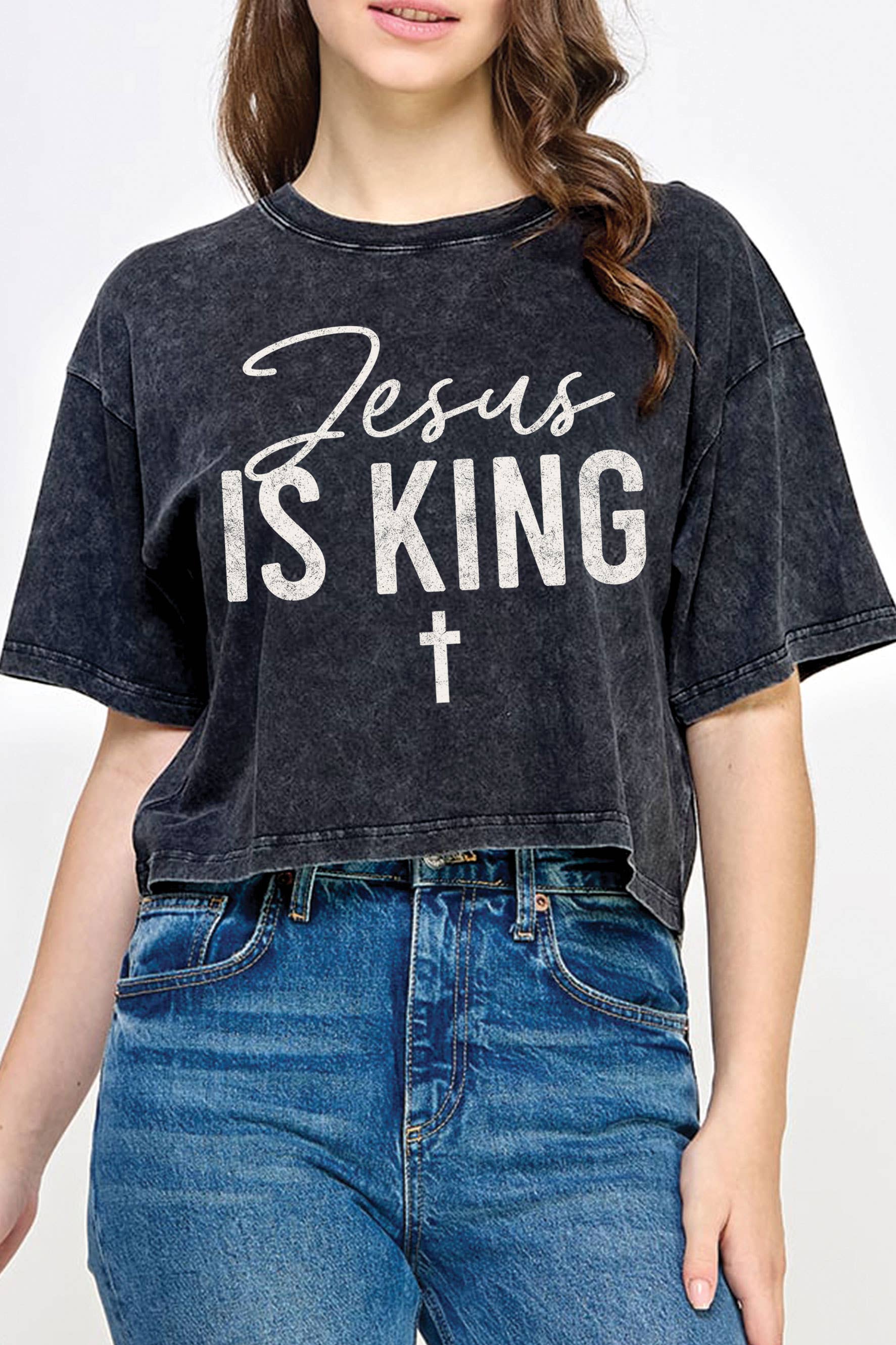 Jesus Is King Cross Mineral Graphic Long Crop Top